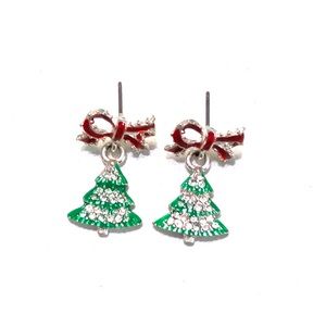 Red Bow Sparkling Christmas Tree Earrings